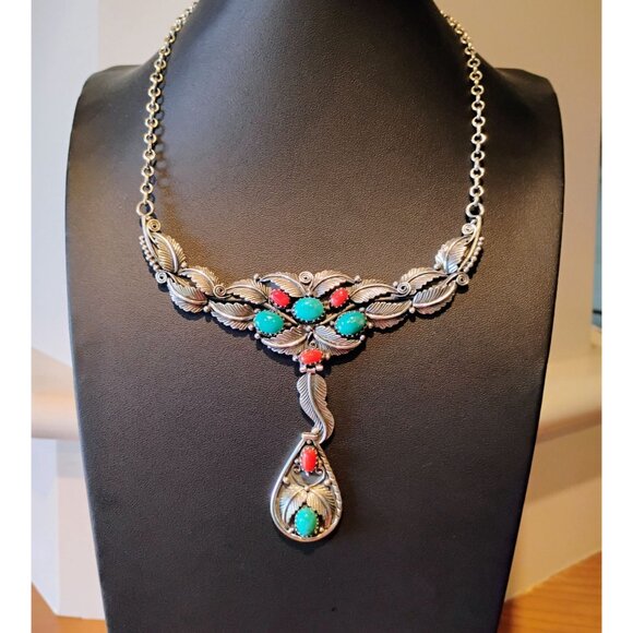Southwest Native Style Sterling Silver Coral & Turquoise Feather Design Necklace - Picture 2 of 7